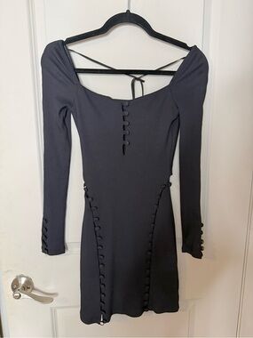Hours black ribbed body-con mini dress long sleeve side button cut out detail